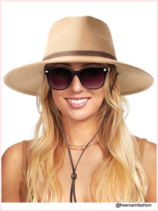 Womens Sun Hat Straw Beach UPF 80+ Wide Brim Panama Fedora with Wind Lanyard